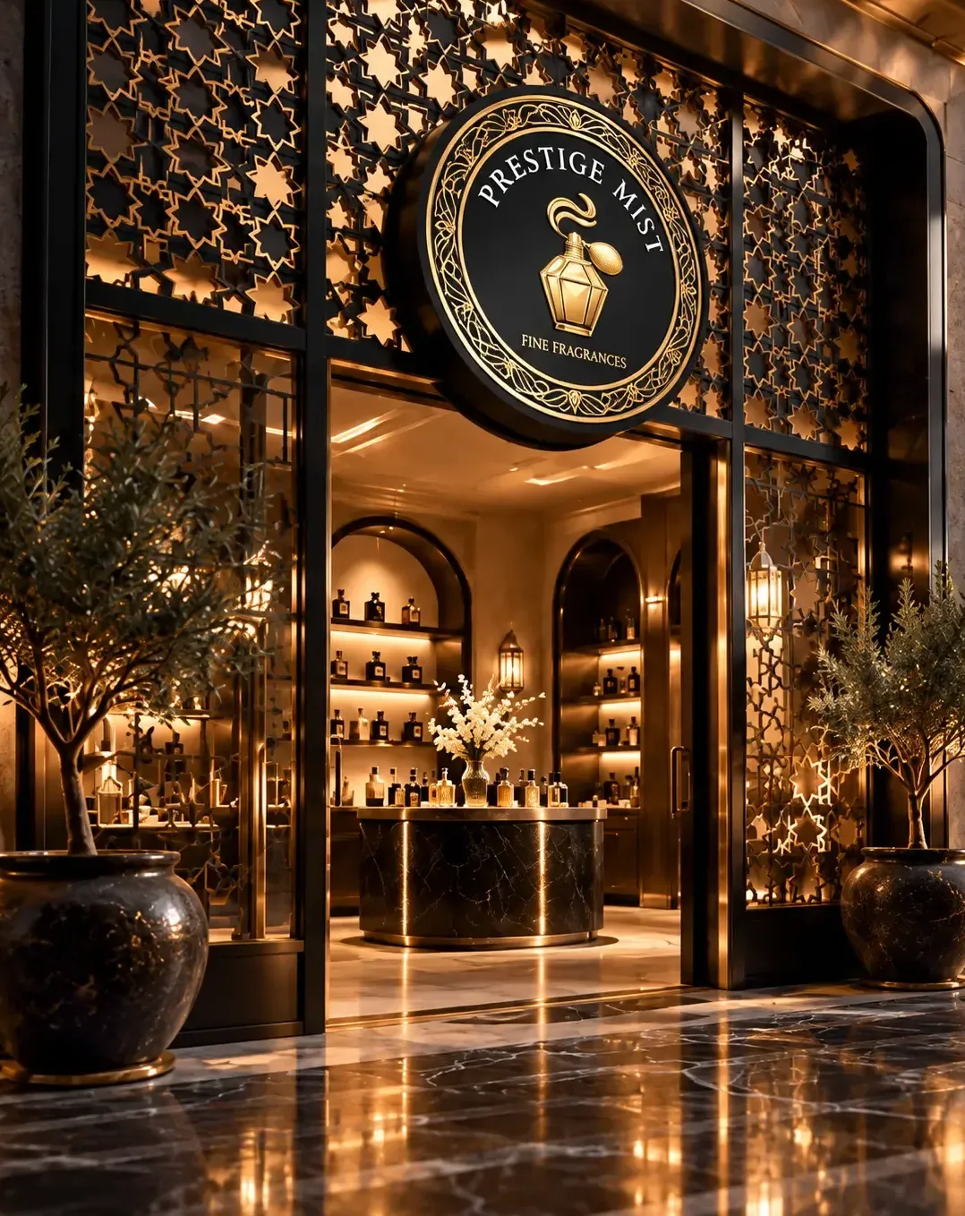 The Prestige Mist boutique: the round house sign set in a lit brass screen, with shelves of perfume inside